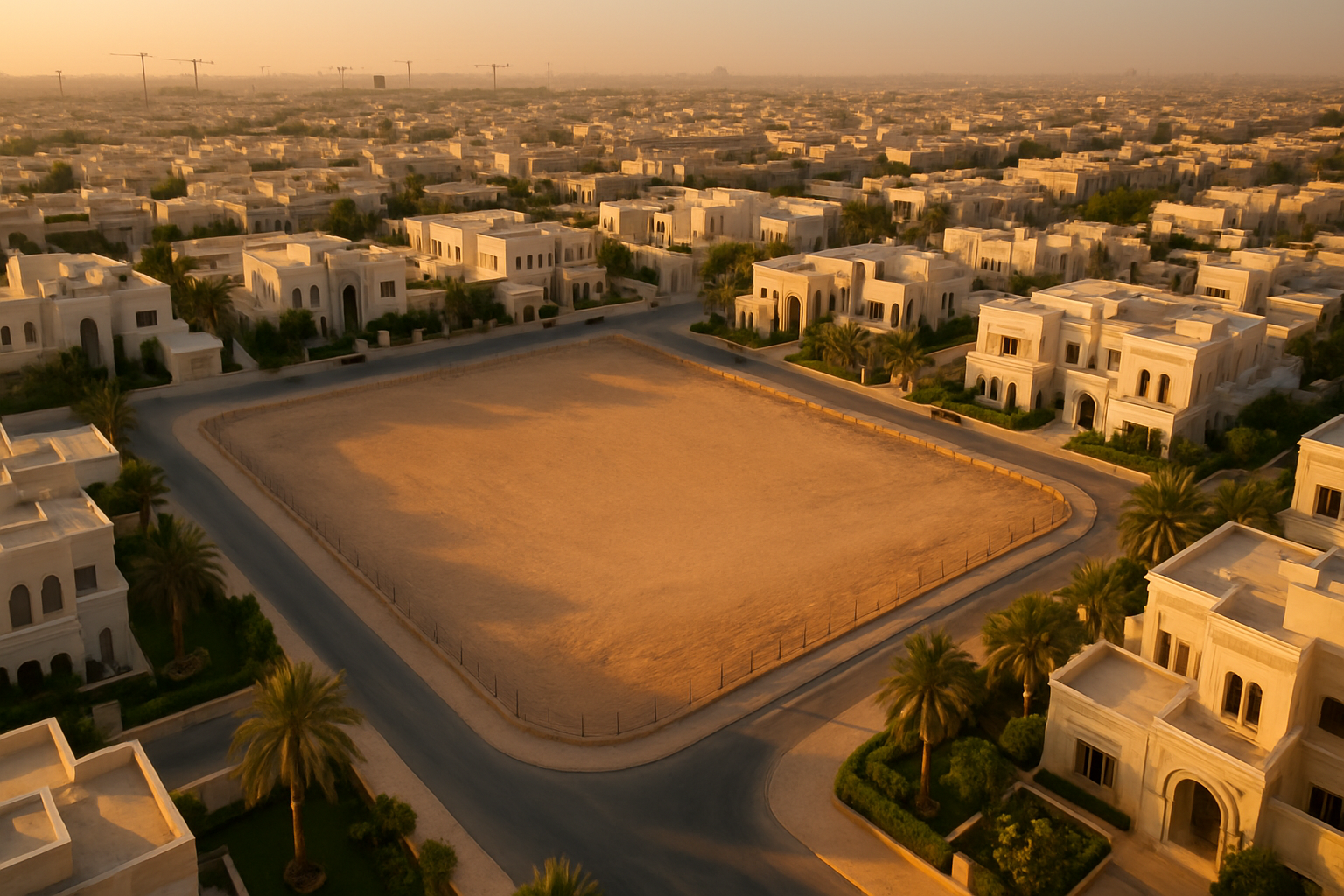 صورة جوية لحي سكني في الرياض يظهر أرض بيضاء فضاء محاطة بفلل مطورة - توضيح لمفهوم رسوم الأراضي البيضاء في الرياض 2026