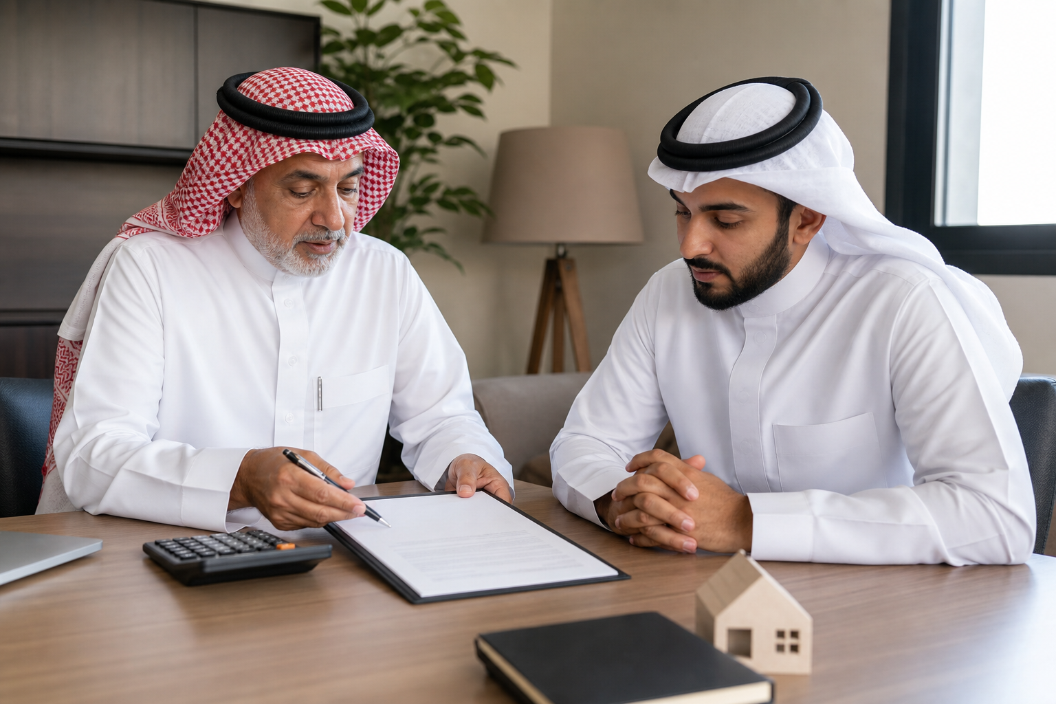 مالك ومستأجر يراجعان عقد الإيجار